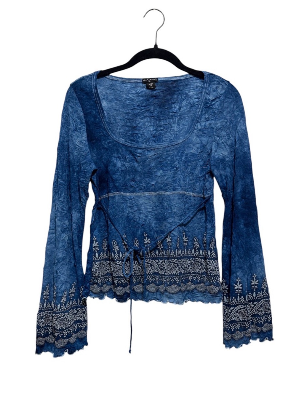 Fang Blue crinkle Tie-Waist Long Sleeve Top